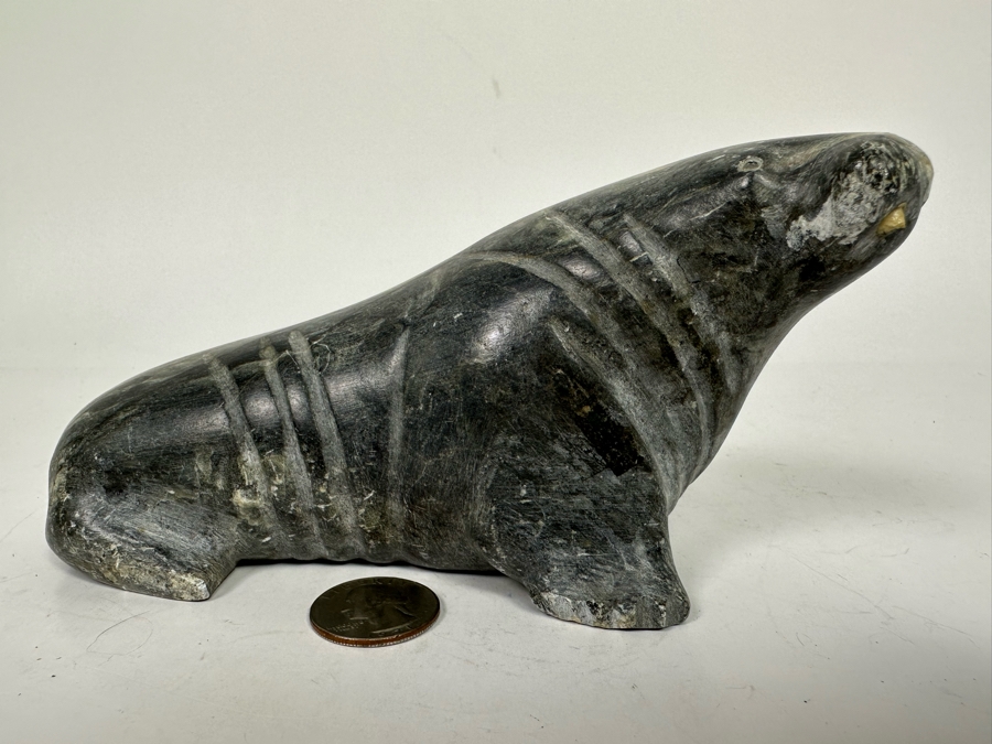 Carved Soapstone Inuit Seal Signed 7W X 2.5D X 3H [Photo 3]