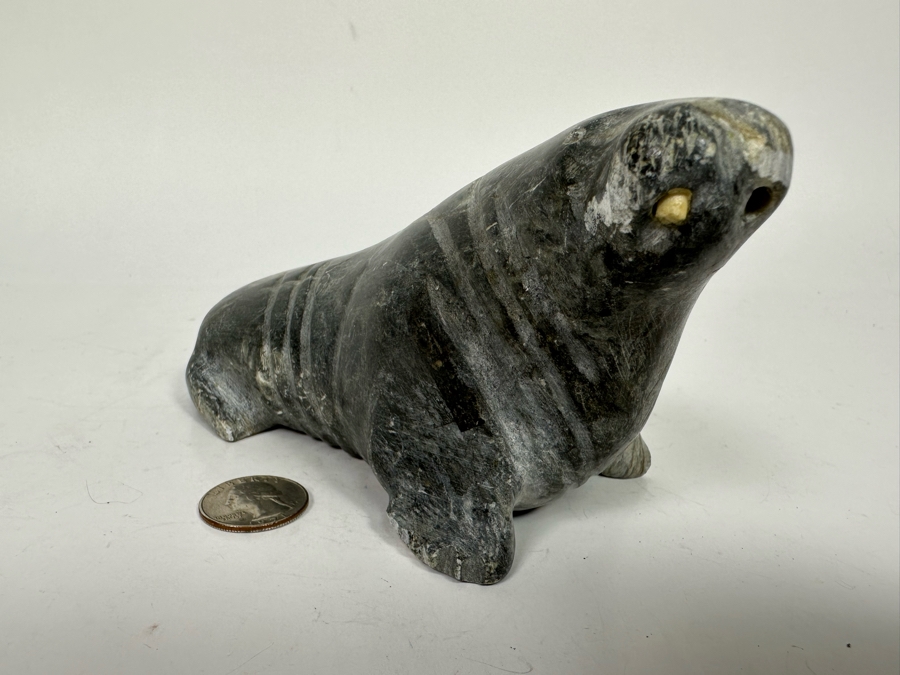 Carved Soapstone Inuit Seal Signed 7W X 2.5D X 3H [Photo 4]