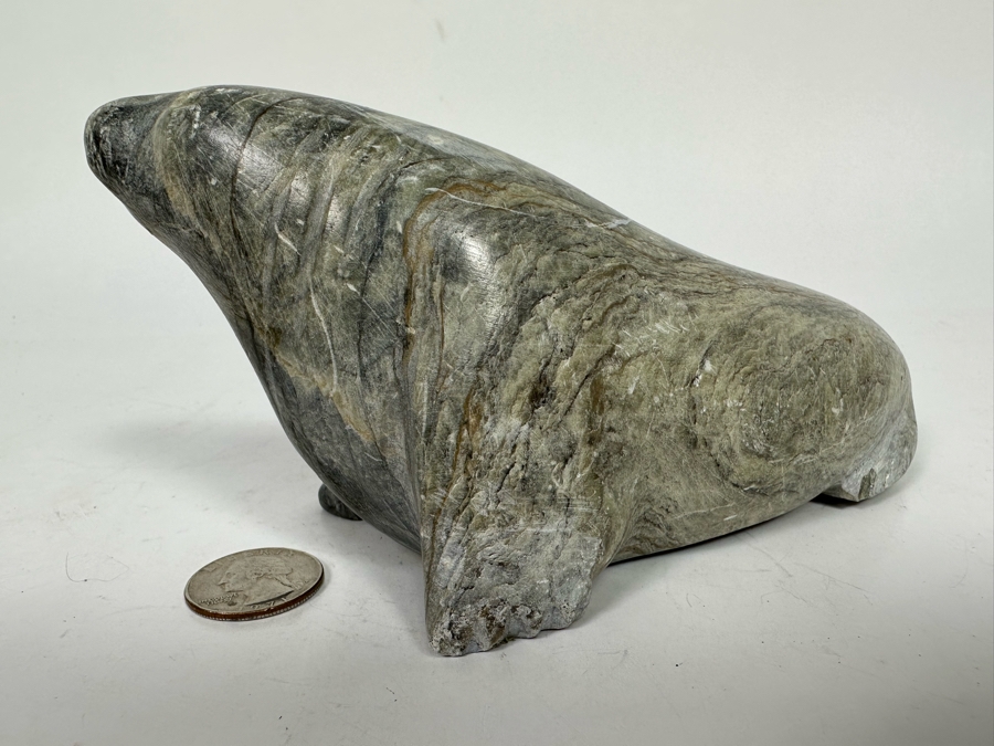 Carved Soapstone Inuit Seal Signed 7W X 2.5D X 3H [Photo 6]