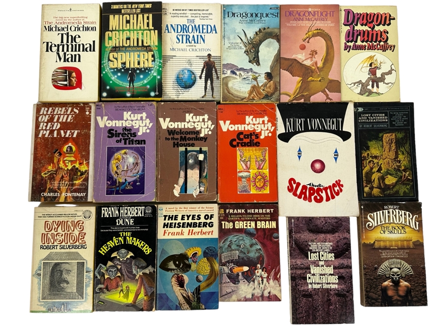 Vintage Paperback Science Fiction Novels From Michael Crichton, Anne McCaffrey, Kurt Vonnegut, Jr., Robert Silverberg & Frank Herbert