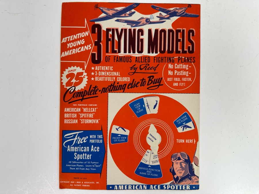 Vintage 1944 Mint 3 Flying Airplane Models Of Famous Allied Fighting Planes By Reed With An American Ace Spotter 9 X 12 [Photo 2]