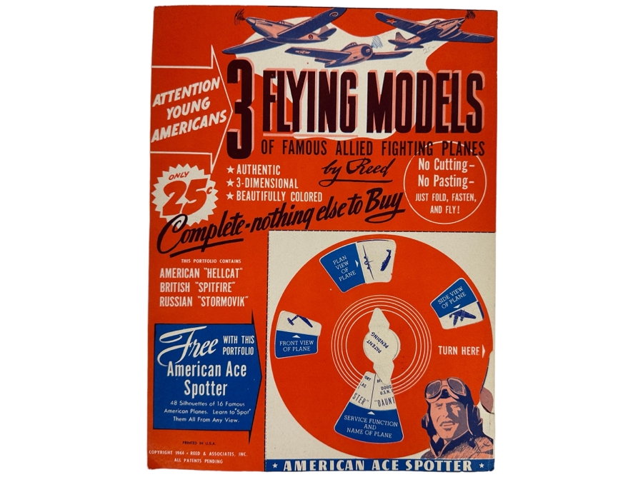 Vintage 1944 Mint 3 Flying Airplane Models Of Famous Allied Fighting Planes By Reed With An American Ace Spotter 9 X 12