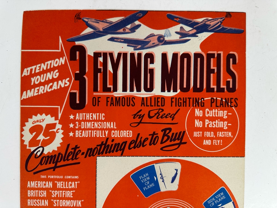 Vintage 1944 Mint 3 Flying Airplane Models Of Famous Allied Fighting Planes By Reed With An American Ace Spotter 9 X 12 [Photo 3]