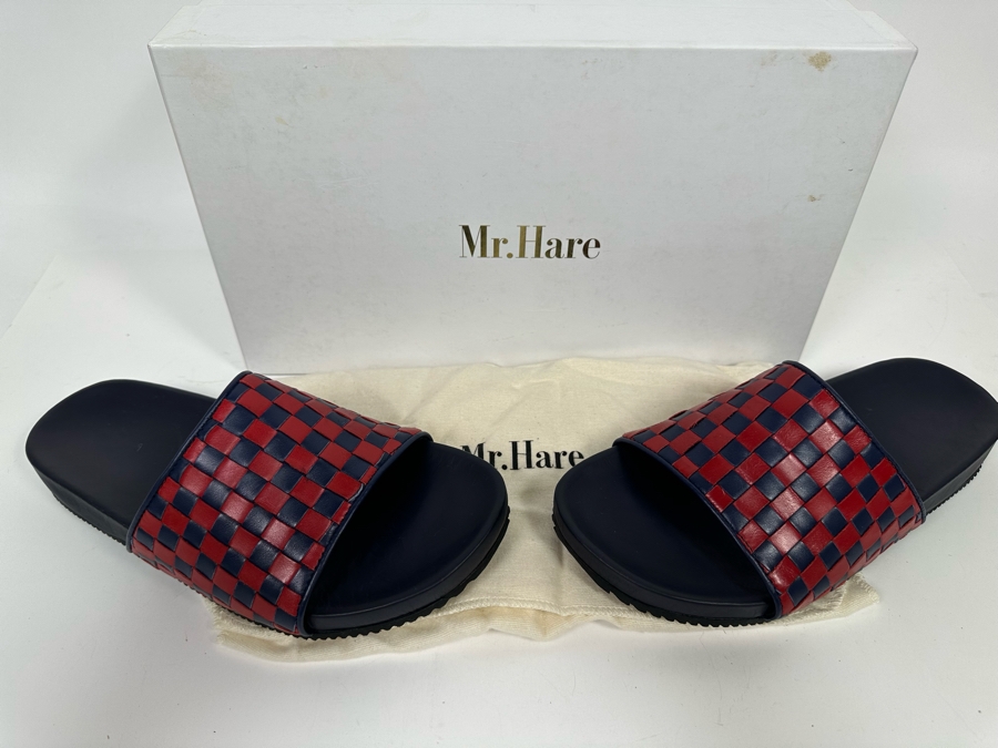 New Pair Of Mr. Hare Luxury Leather Woven Sliders Sandals Pomps Two Tone Blue & Red UK Size 7 Retails $345 [Photo 4]