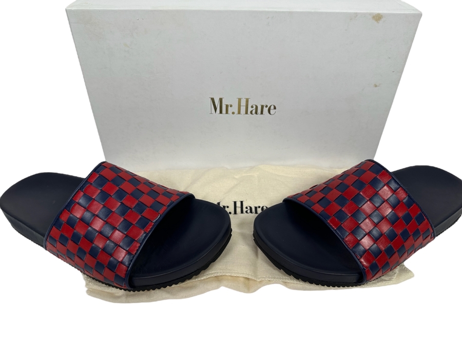 New Pair Of Mr. Hare Luxury Leather Woven Sliders Sandals Pomps Two Tone Blue & Red UK Size 7 Retails $345 [Photo 1]