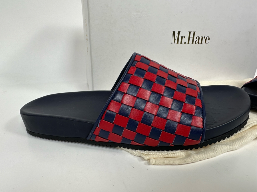 New Pair Of Mr. Hare Luxury Leather Woven Sliders Sandals Pomps Two Tone Blue & Red UK Size 7 Retails $345 [Photo 5]
