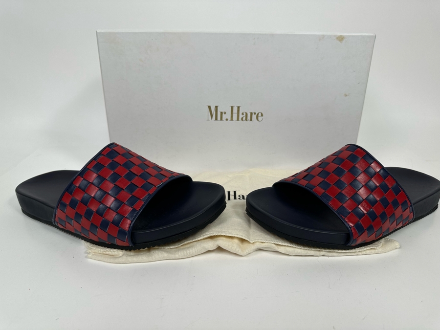 New Pair Of Mr. Hare Luxury Leather Woven Sliders Sandals Pomps Two Tone Blue & Red UK Size 7 Retails $345 [Photo 3]