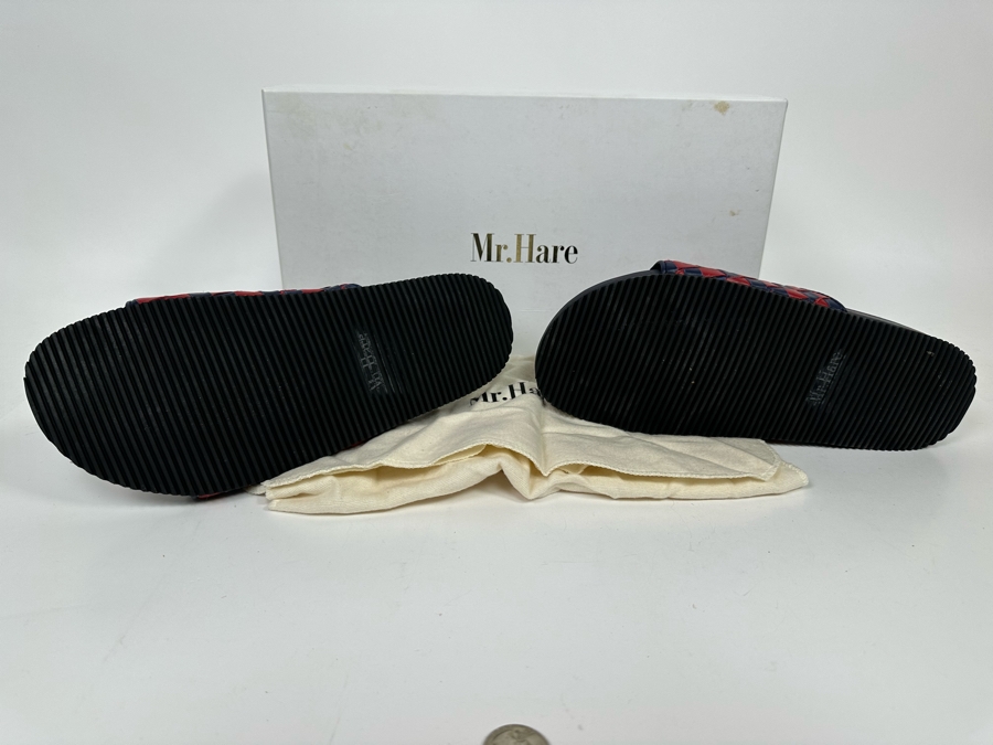 New Pair Of Mr. Hare Luxury Leather Woven Sliders Sandals Pomps Two Tone Blue & Red UK Size 7 Retails $345 [Photo 6]