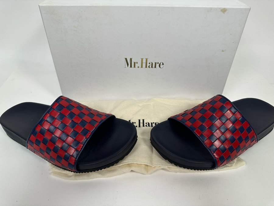 New Pair Of Mr. Hare Luxury Leather Woven Sliders Sandals Pomps Two Tone Blue & Red UK Size 7 Retails $345 [Photo 2]