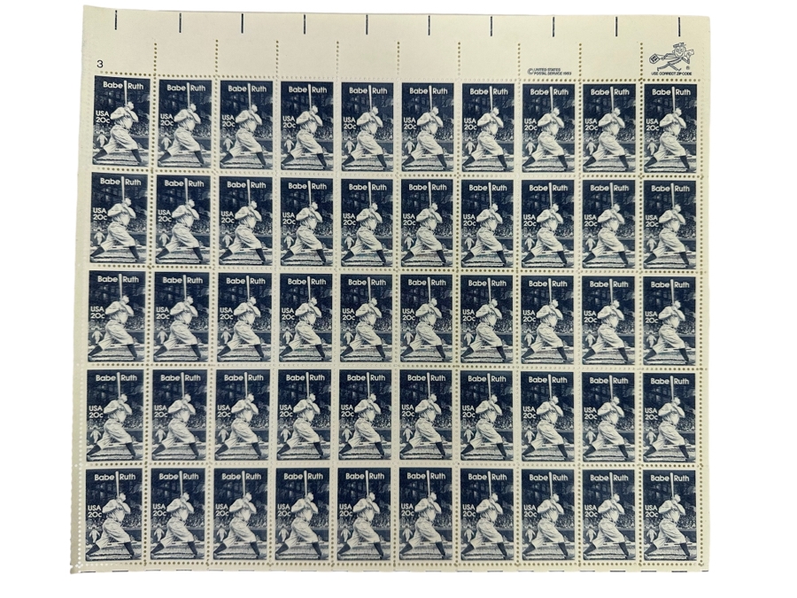 50 Mint 1983 Babe Ruth New York Yankees Baseball Stamps Sheet