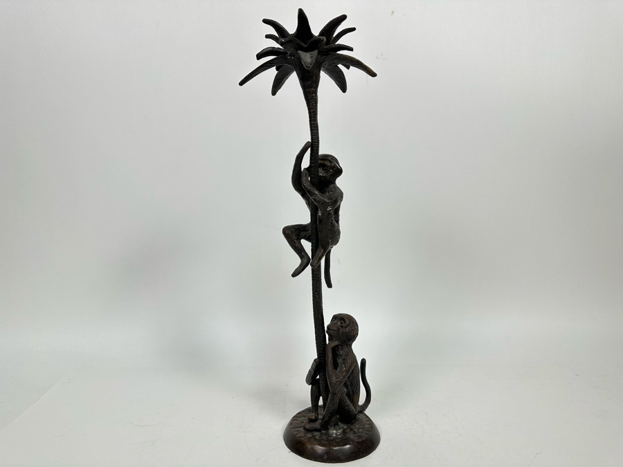 Metal Palm Tree With Pair Of Monkeys Candleholder 16H [Photo 2]