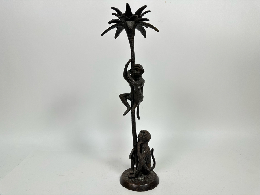 Metal Palm Tree With Pair Of Monkeys Candleholder 16H [Photo 3]