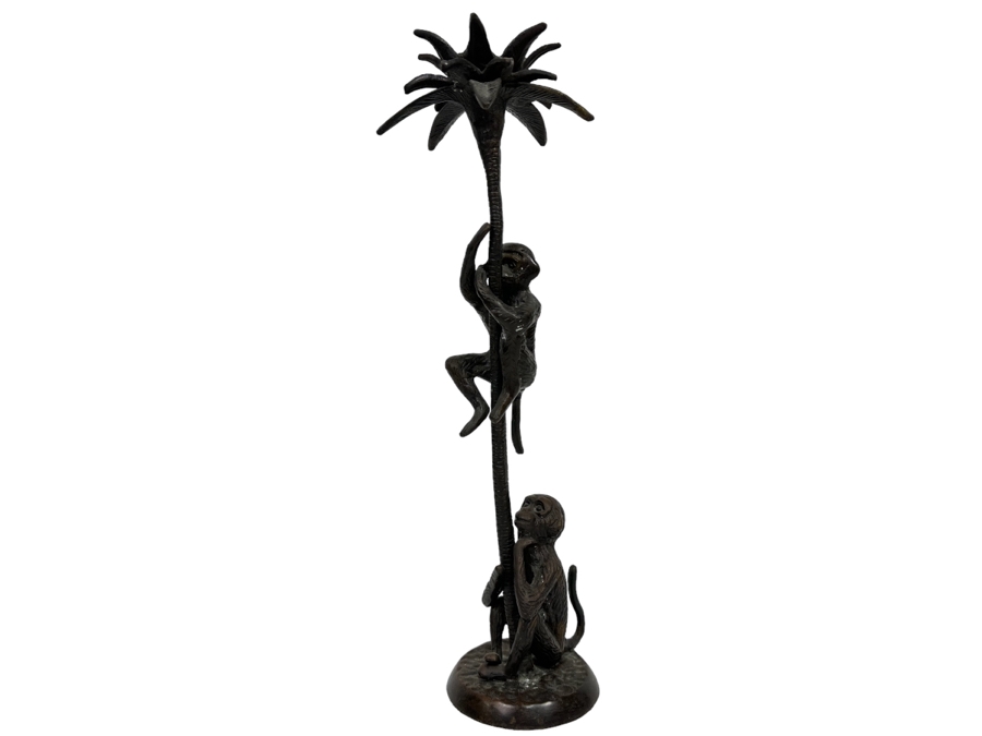 Metal Palm Tree With Pair Of Monkeys Candleholder 16H