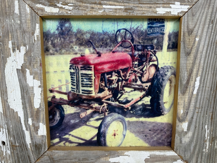 Linda Scharck La Jolla, CA “Vintage Tractor” Signed And Titled On Back 9.5 X 9.5 Framed 18.5 X 18.5 [Photo 1]