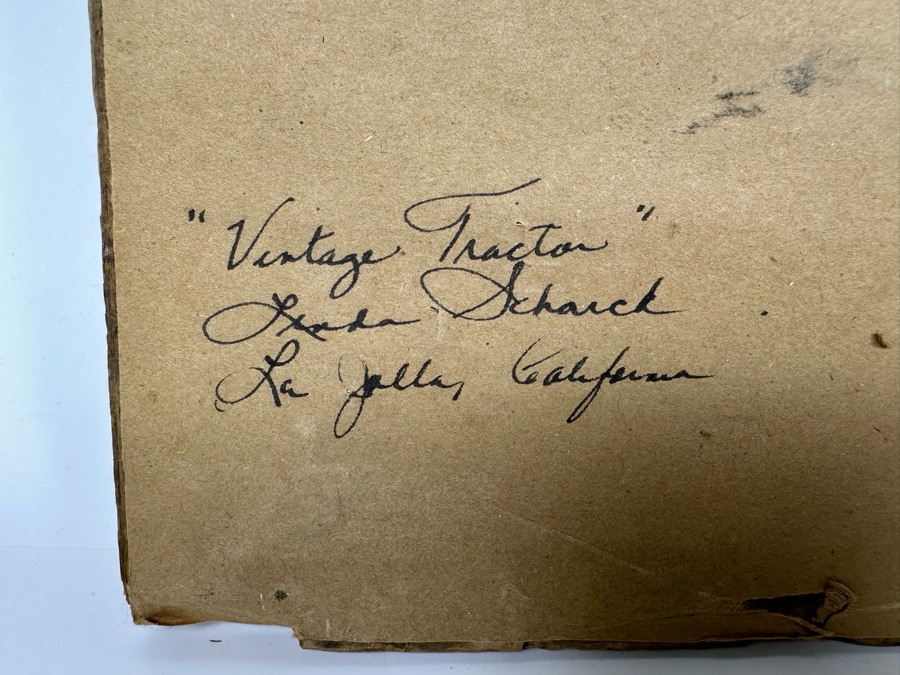 Linda Scharck La Jolla, CA “Vintage Tractor” Signed And Titled On Back 9.5 X 9.5 Framed 18.5 X 18.5 [Photo 7]