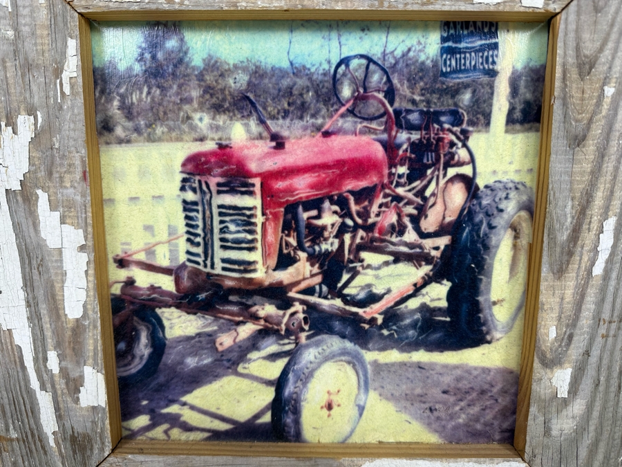 Linda Scharck La Jolla, CA “Vintage Tractor” Signed And Titled On Back 9.5 X 9.5 Framed 18.5 X 18.5 [Photo 3]