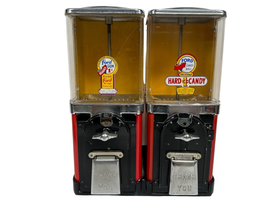 Double FORD Candy Ball Gumball Machine 1c Hard Candy Branded Ford For Your Protection With Key 12W X 7.5D X 15.5H