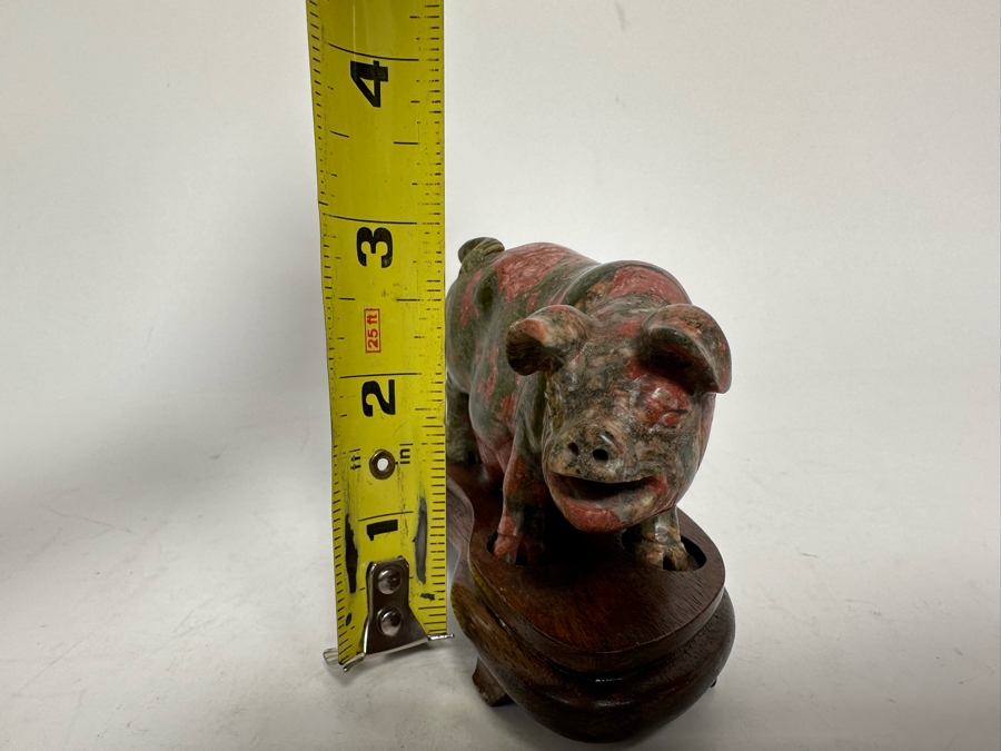 Vintage Chinese Carved Stone Pig On Wooden Stand 4W X 2D X 3H [Photo 16]