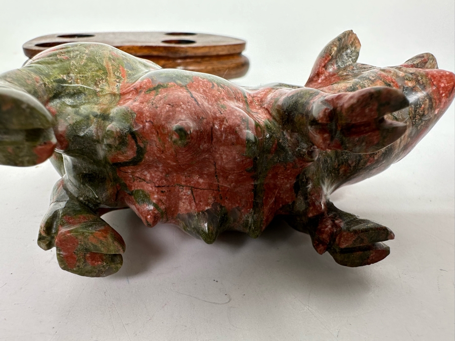 Vintage Chinese Carved Stone Pig On Wooden Stand 4W X 2D X 3H [Photo 9]