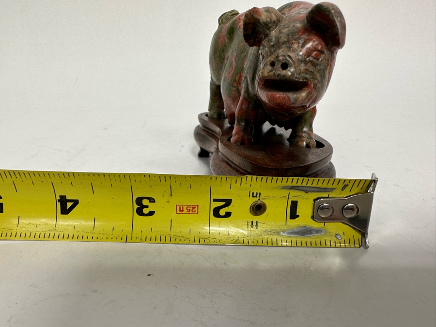 Vintage Chinese Carved Stone Pig On Wooden Stand 4W X 2D X 3H [Photo 15]