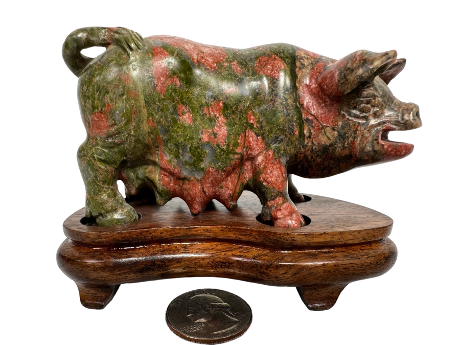 Vintage Chinese Carved Stone Pig On Wooden Stand 4W X 2D X 3H