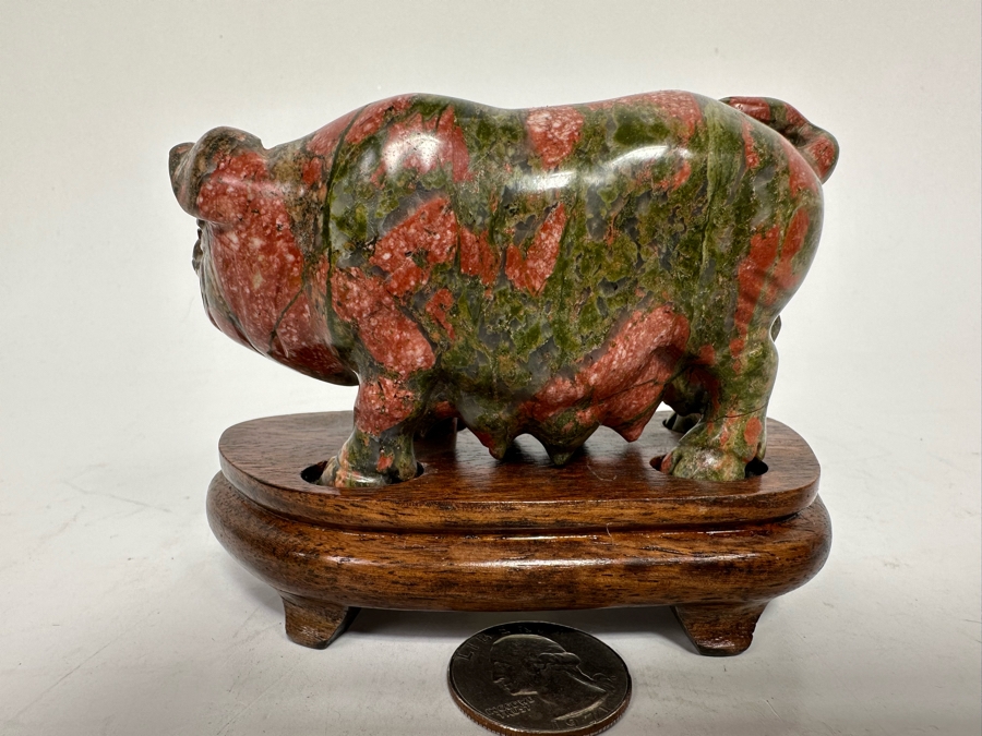 Vintage Chinese Carved Stone Pig On Wooden Stand 4W X 2D X 3H [Photo 5]