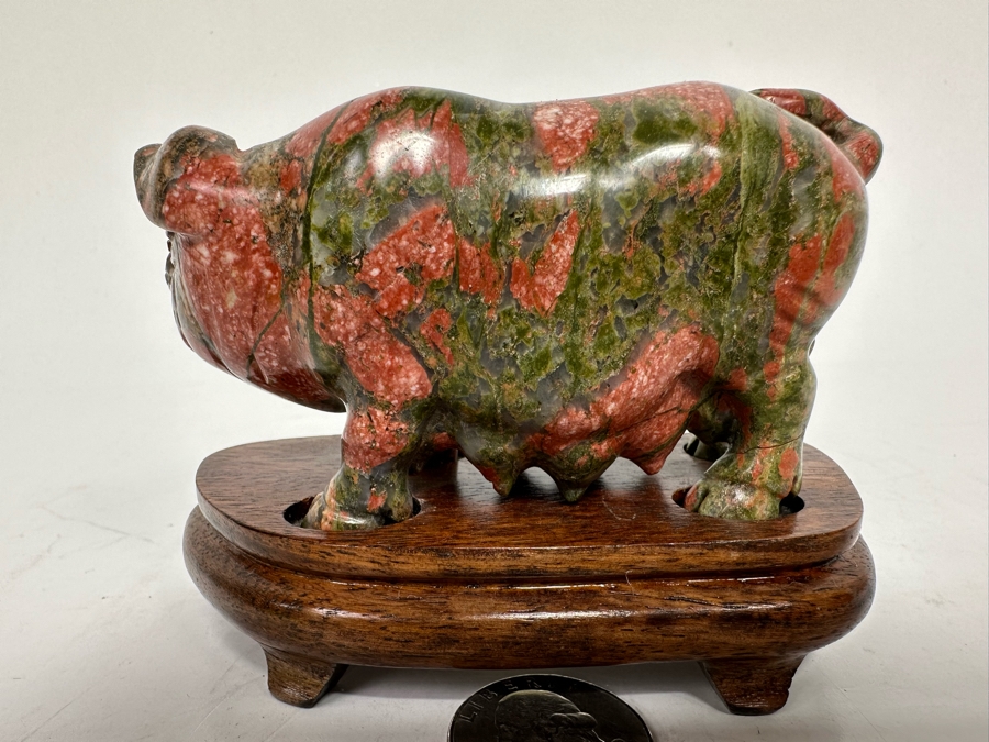 Vintage Chinese Carved Stone Pig On Wooden Stand 4W X 2D X 3H [Photo 6]