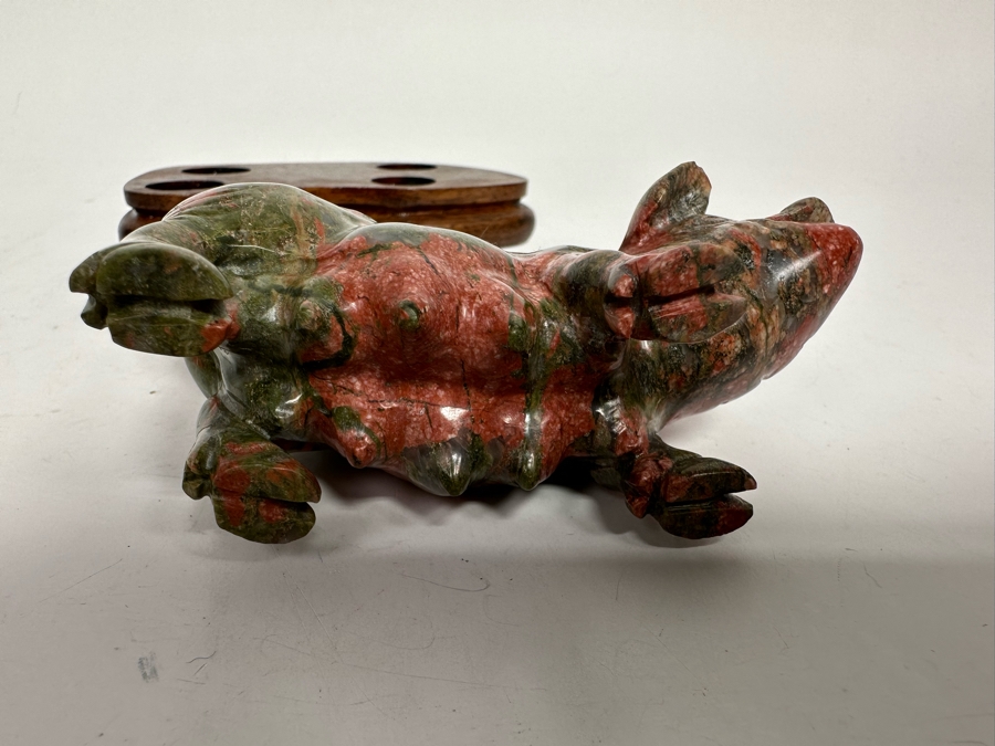 Vintage Chinese Carved Stone Pig On Wooden Stand 4W X 2D X 3H [Photo 8]