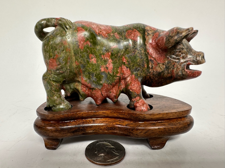 Vintage Chinese Carved Stone Pig On Wooden Stand 4W X 2D X 3H [Photo 3]