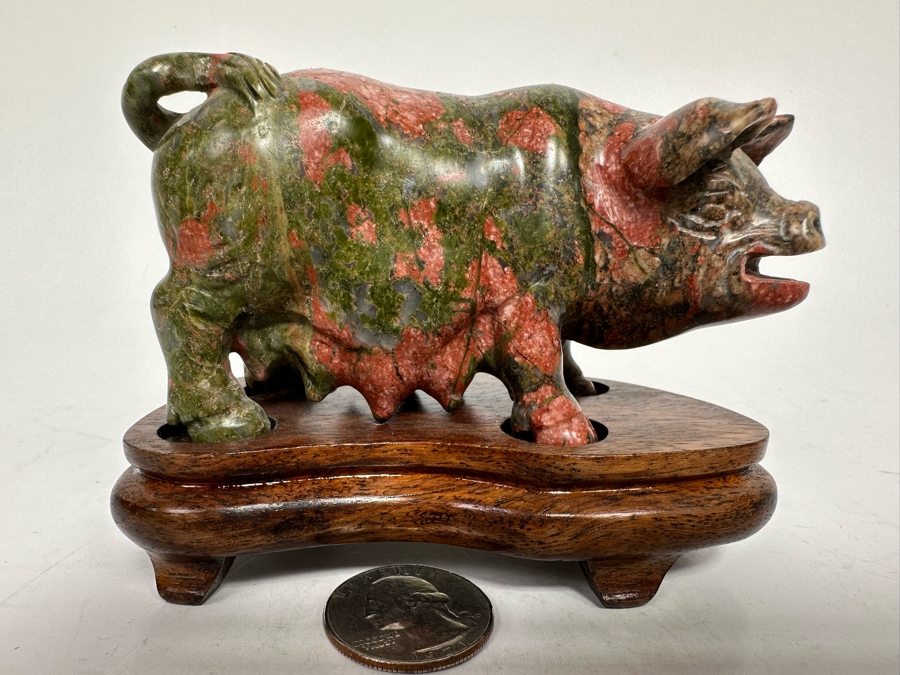 Vintage Chinese Carved Stone Pig On Wooden Stand 4W X 2D X 3H [Photo 2]