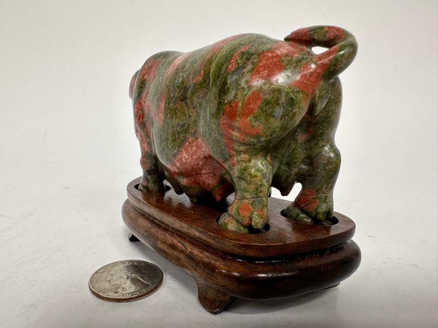 Vintage Chinese Carved Stone Pig On Wooden Stand 4W X 2D X 3H [Photo 7]