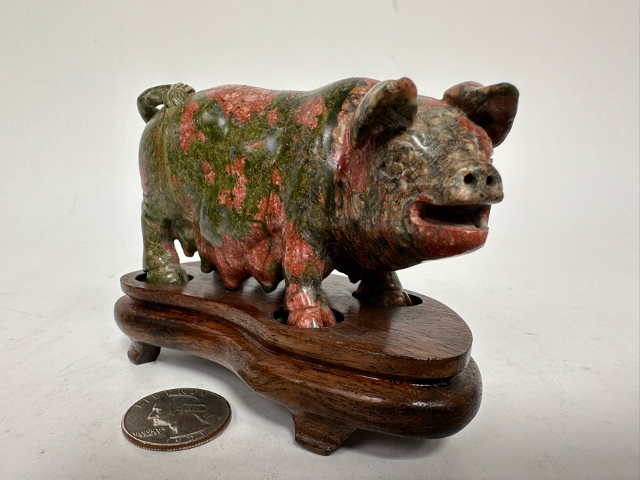 Vintage Chinese Carved Stone Pig On Wooden Stand 4W X 2D X 3H [Photo 4]