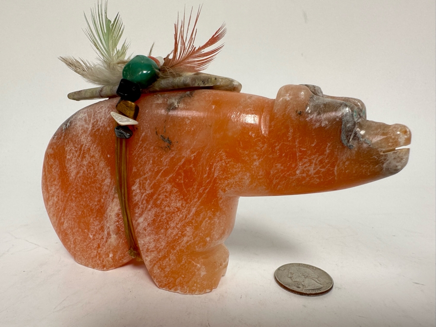 Signed Native American Zuni Fetish Of Bear Rose Quartz Carved Bear 5.5W X 1D X 4H [Photo 4]