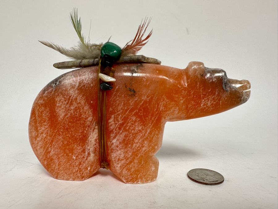 Signed Native American Zuni Fetish Of Bear Rose Quartz Carved Bear 5.5W X 1D X 4H [Photo 3]