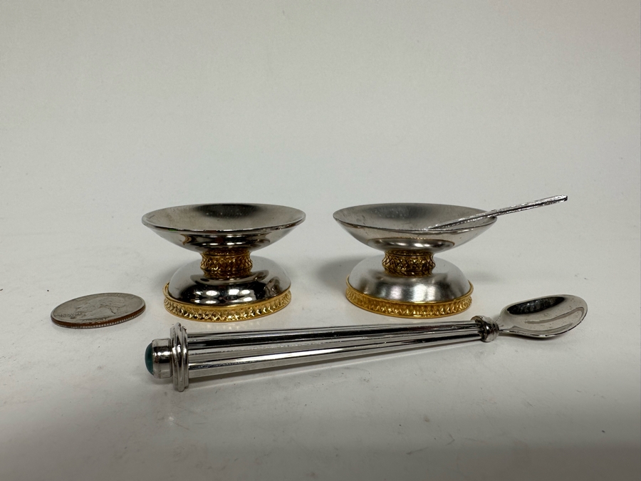 Pair Of Signed Swed Masters Workshop Footed Salt Cellars 1.75R X 1H With Signed Swed Masters Workshop Spoon 4L By Yossi Swed, Jerusalem Israel [Photo 4]