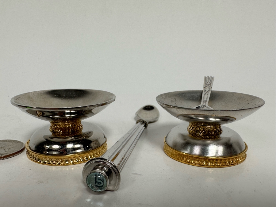 Pair Of Signed Swed Masters Workshop Footed Salt Cellars 1.75R X 1H With Signed Swed Masters Workshop Spoon 4L By Yossi Swed, Jerusalem Israel [Photo 3]