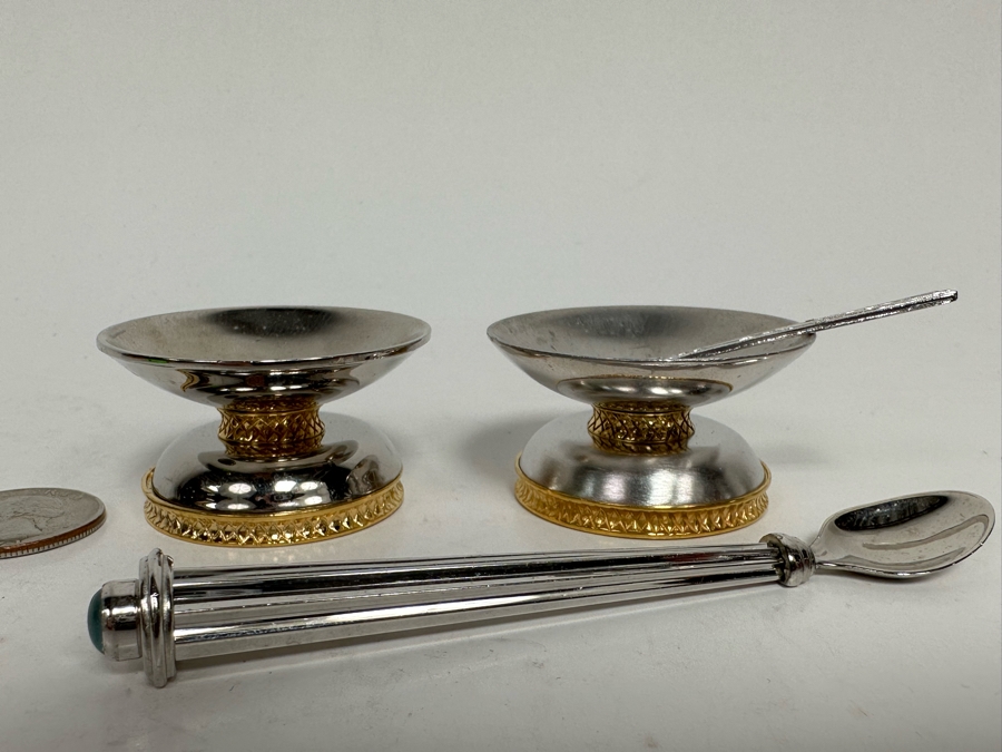 Pair Of Signed Swed Masters Workshop Footed Salt Cellars 1.75R X 1H With Signed Swed Masters Workshop Spoon 4L By Yossi Swed, Jerusalem Israel [Photo 2]