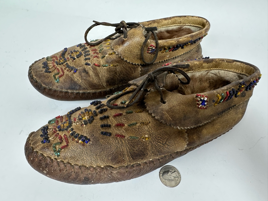 Vintage Native American Leather Fur Lined Moccasins With Beadwork 10.5L [Photo 6]