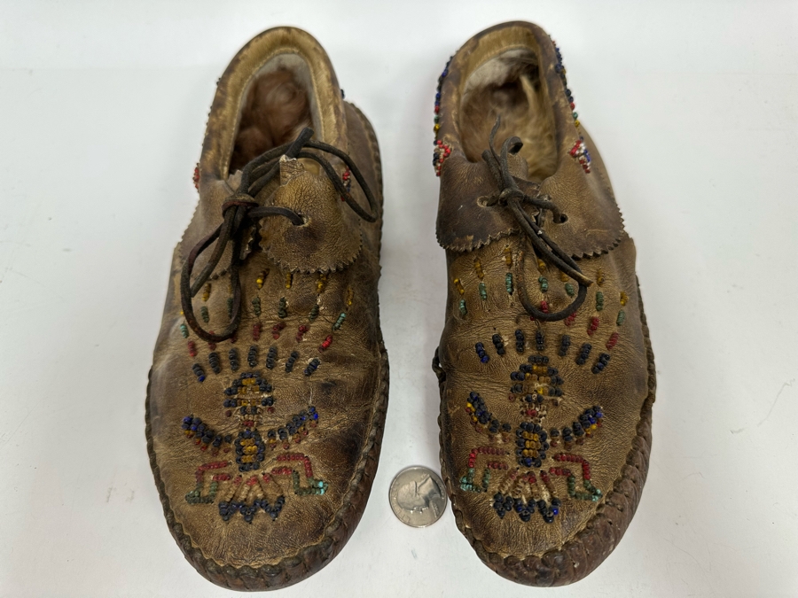 Vintage Native American Leather Fur Lined Moccasins With Beadwork 10.5L [Photo 10]