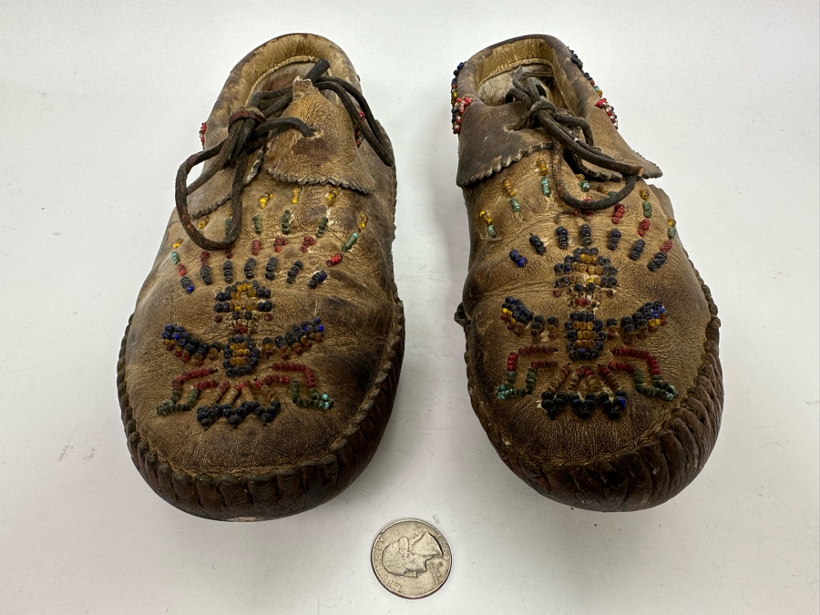 Vintage Native American Leather Fur Lined Moccasins With Beadwork 10.5L [Photo 8]