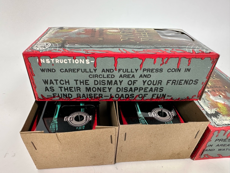 Pair Of New Old Stock Wind-Up Metal Coffin Banks With Original Boxes (Skeleton Arm Comes Out To Grab Coin) Made In Japan [Photo 11]