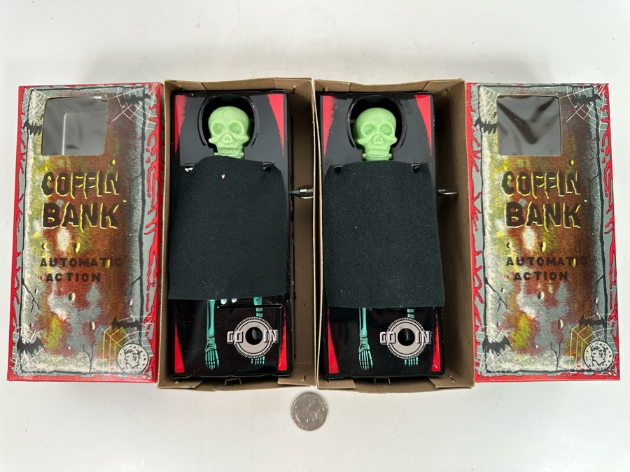 Pair Of New Old Stock Wind-Up Metal Coffin Banks With Original Boxes (Skeleton Arm Comes Out To Grab Coin) Made In Japan [Photo 4]