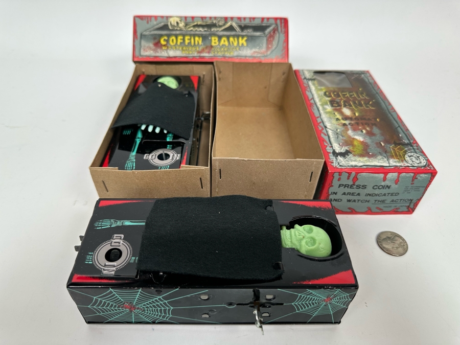 Pair Of New Old Stock Wind-Up Metal Coffin Banks With Original Boxes (Skeleton Arm Comes Out To Grab Coin) Made In Japan [Photo 19]