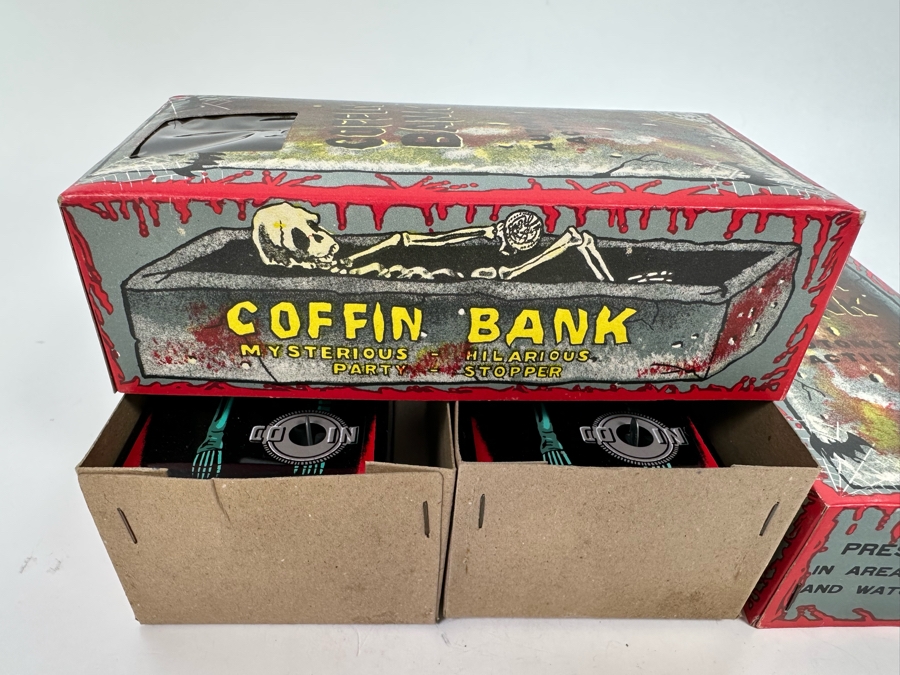 Pair Of New Old Stock Wind-Up Metal Coffin Banks With Original Boxes (Skeleton Arm Comes Out To Grab Coin) Made In Japan [Photo 13]