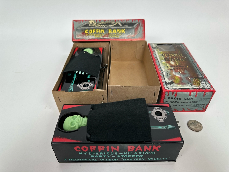 Pair Of New Old Stock Wind-Up Metal Coffin Banks With Original Boxes (Skeleton Arm Comes Out To Grab Coin) Made In Japan [Photo 16]