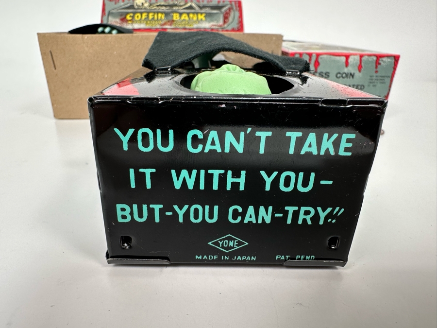 Pair Of New Old Stock Wind-Up Metal Coffin Banks With Original Boxes (Skeleton Arm Comes Out To Grab Coin) Made In Japan [Photo 20]