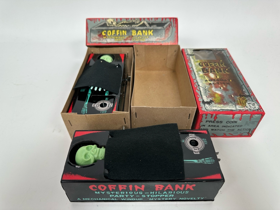 Pair Of New Old Stock Wind-Up Metal Coffin Banks With Original Boxes (Skeleton Arm Comes Out To Grab Coin) Made In Japan [Photo 15]