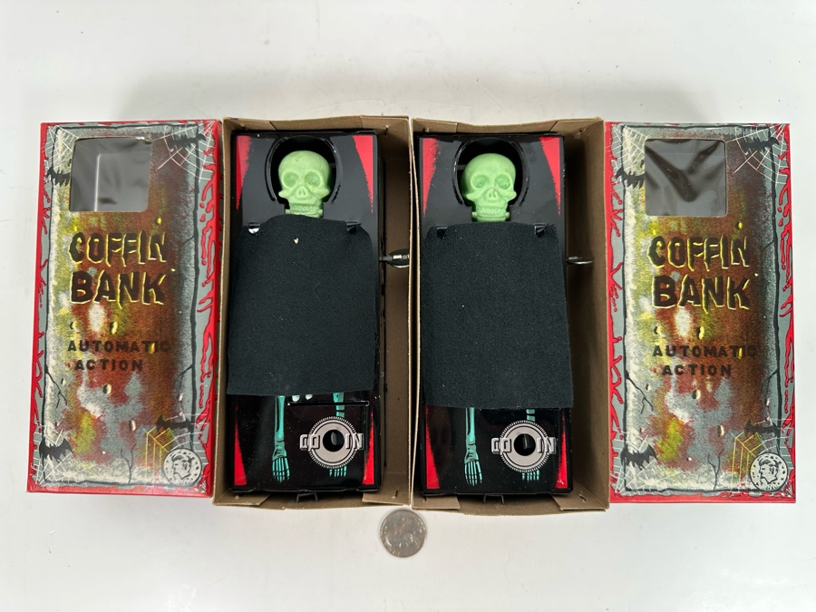 Pair Of New Old Stock Wind-Up Metal Coffin Banks With Original Boxes (Skeleton Arm Comes Out To Grab Coin) Made In Japan [Photo 5]