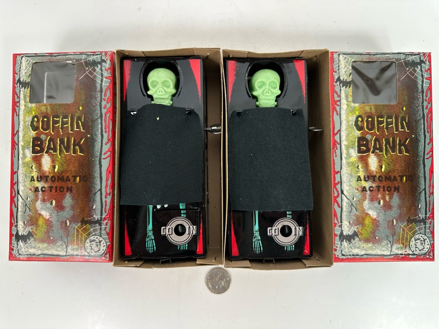 Pair Of New Old Stock Wind-Up Metal Coffin Banks With Original Boxes (Skeleton Arm Comes Out To Grab Coin) Made In Japan [Photo 3]