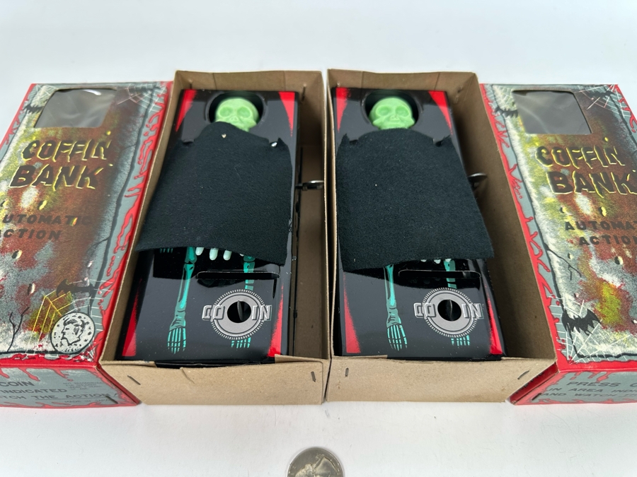 Pair Of New Old Stock Wind-Up Metal Coffin Banks With Original Boxes (Skeleton Arm Comes Out To Grab Coin) Made In Japan [Photo 9]